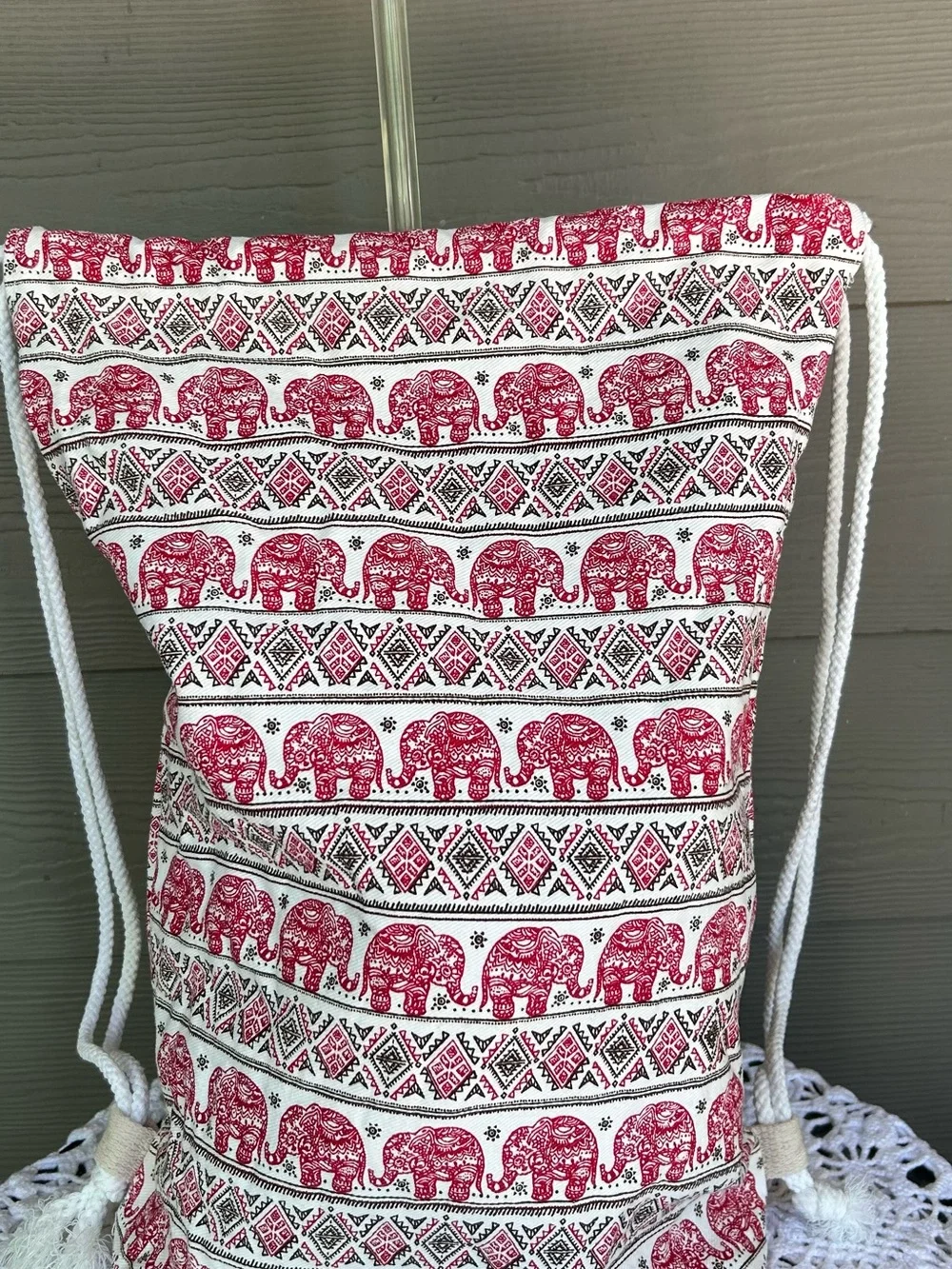 Red & White Elephant Print Drawstring Backpack